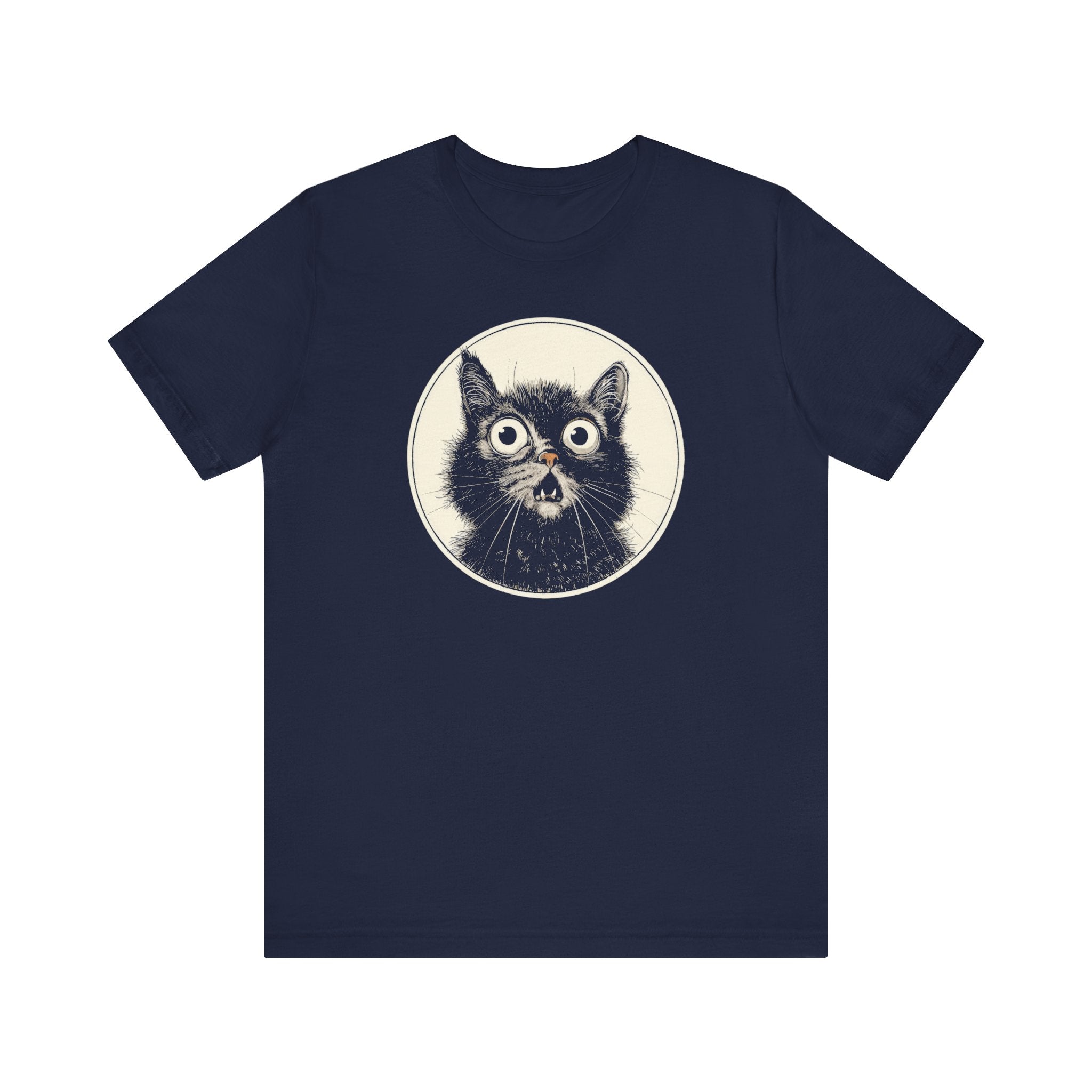 Wide-Eyed Cat Graphic Tee – Vintage Style Cat Lover Shirt