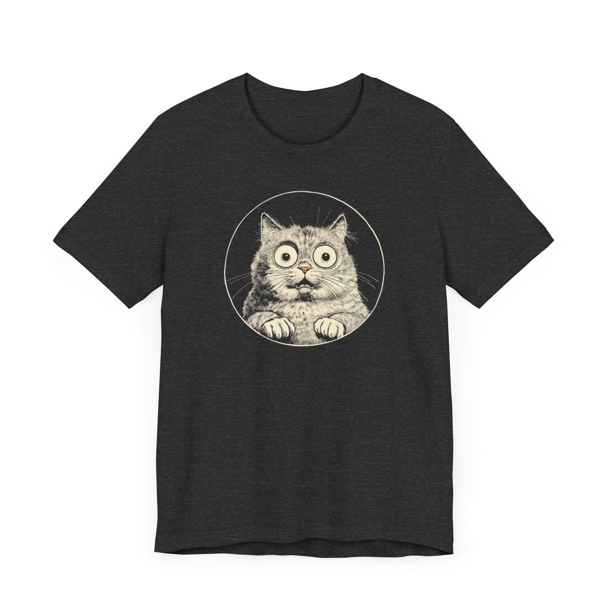 Wide-Eyed Cat Graphic Tee – Vintage Style Cat Lover Shirt