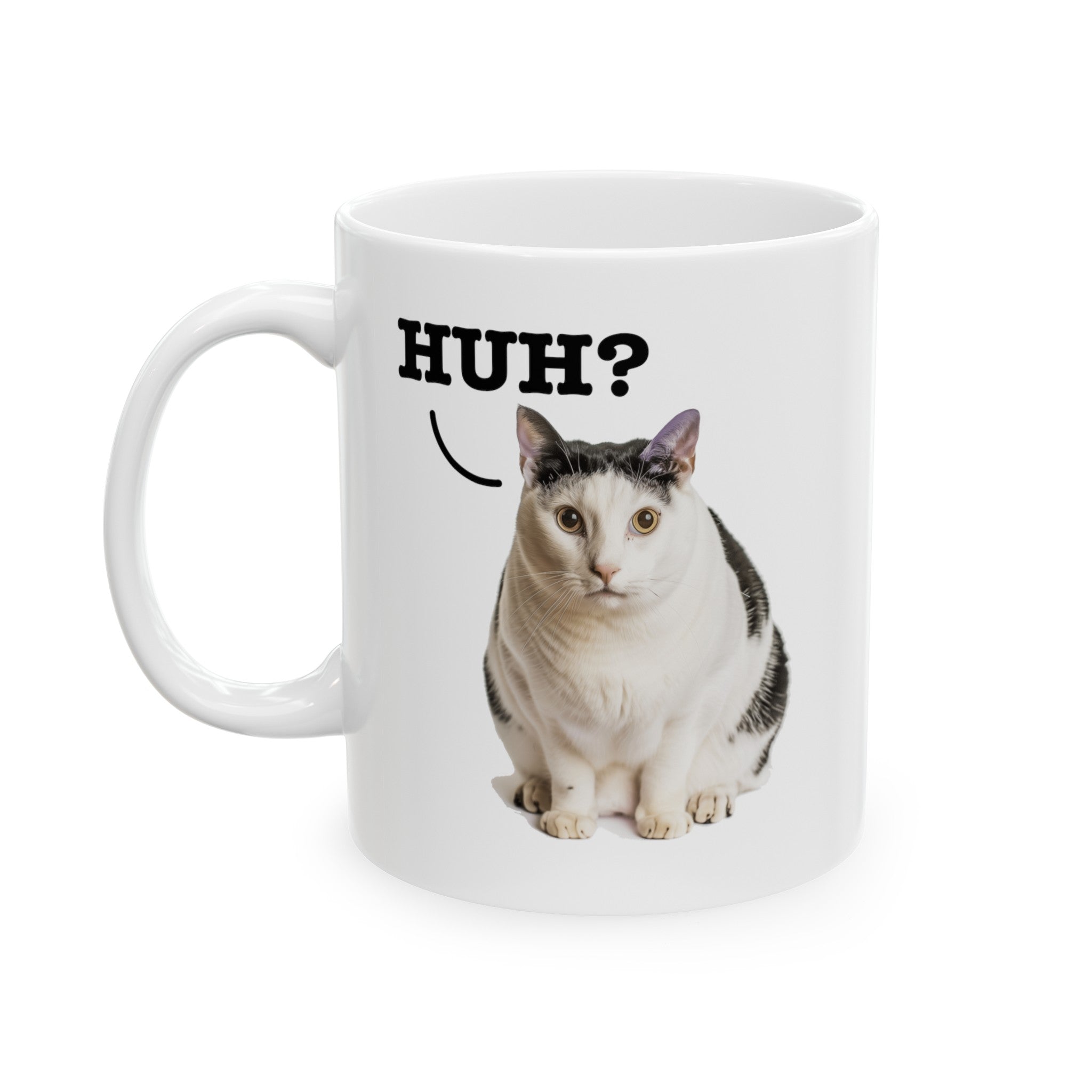 Cute Cat 'Huh?' Meme Coffee Mug - Original Art, Funny Cat Expression Mug, Perfect Gift for Cat Lovers Ceramic Mug, (11oz, 15oz)