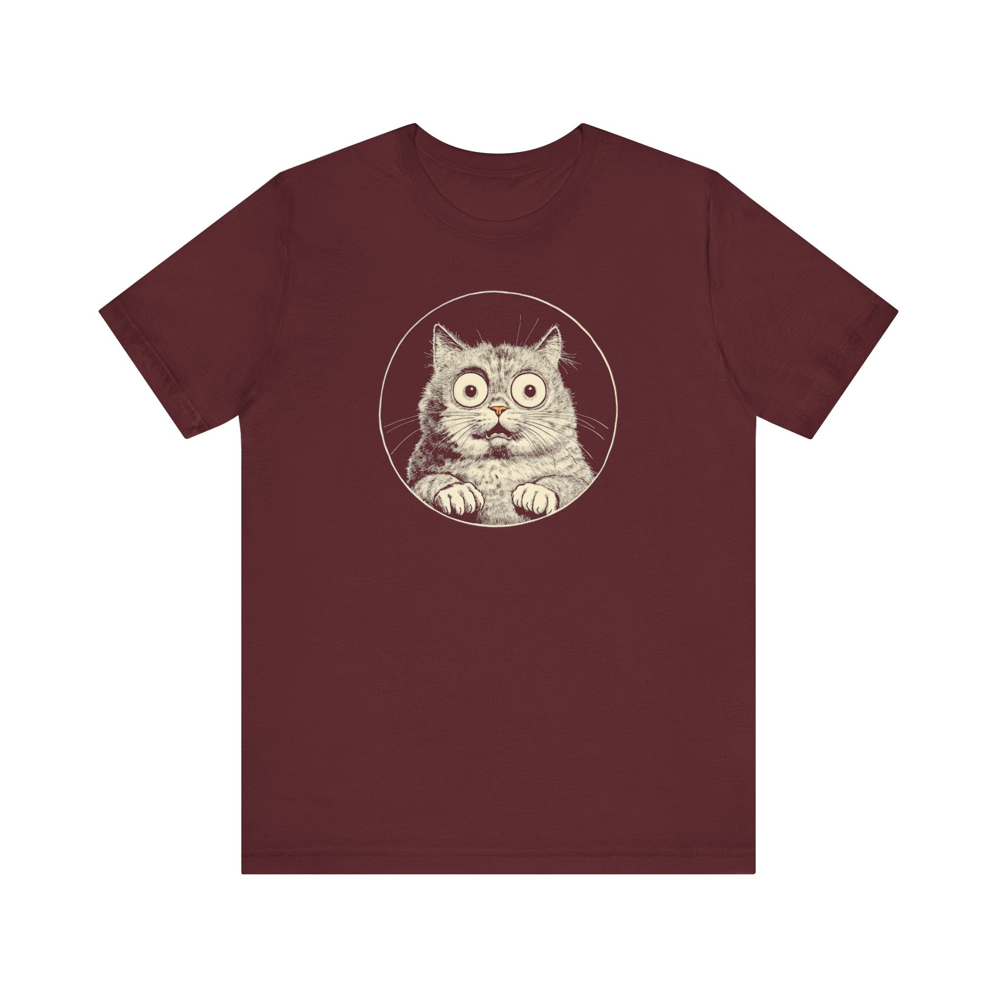 Wide-Eyed Cat Graphic Tee – Vintage Style Cat Lover Shirt