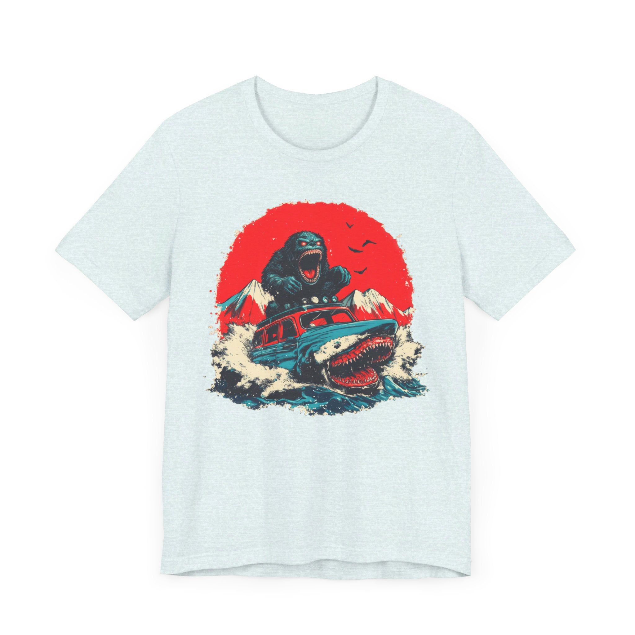 Bigfoot vs. Shark Adventure T-Shirt Fun and Bold Design