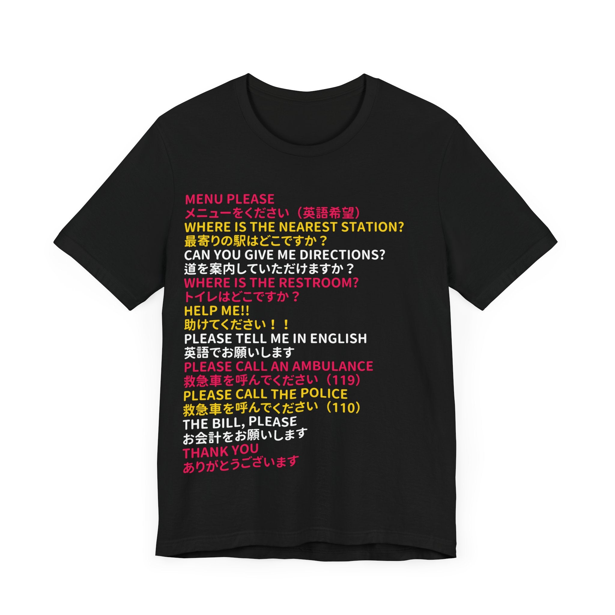 Essential Japanese Phrases T-Shirt for Tourists - Color-Coded English-Japanese Guide - Soft Cotton Unisex Tee