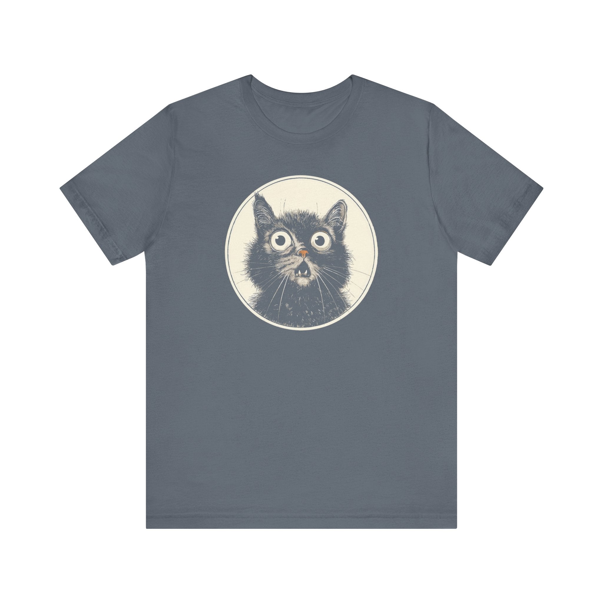 Wide-Eyed Cat Graphic Tee – Vintage Style Cat Lover Shirt