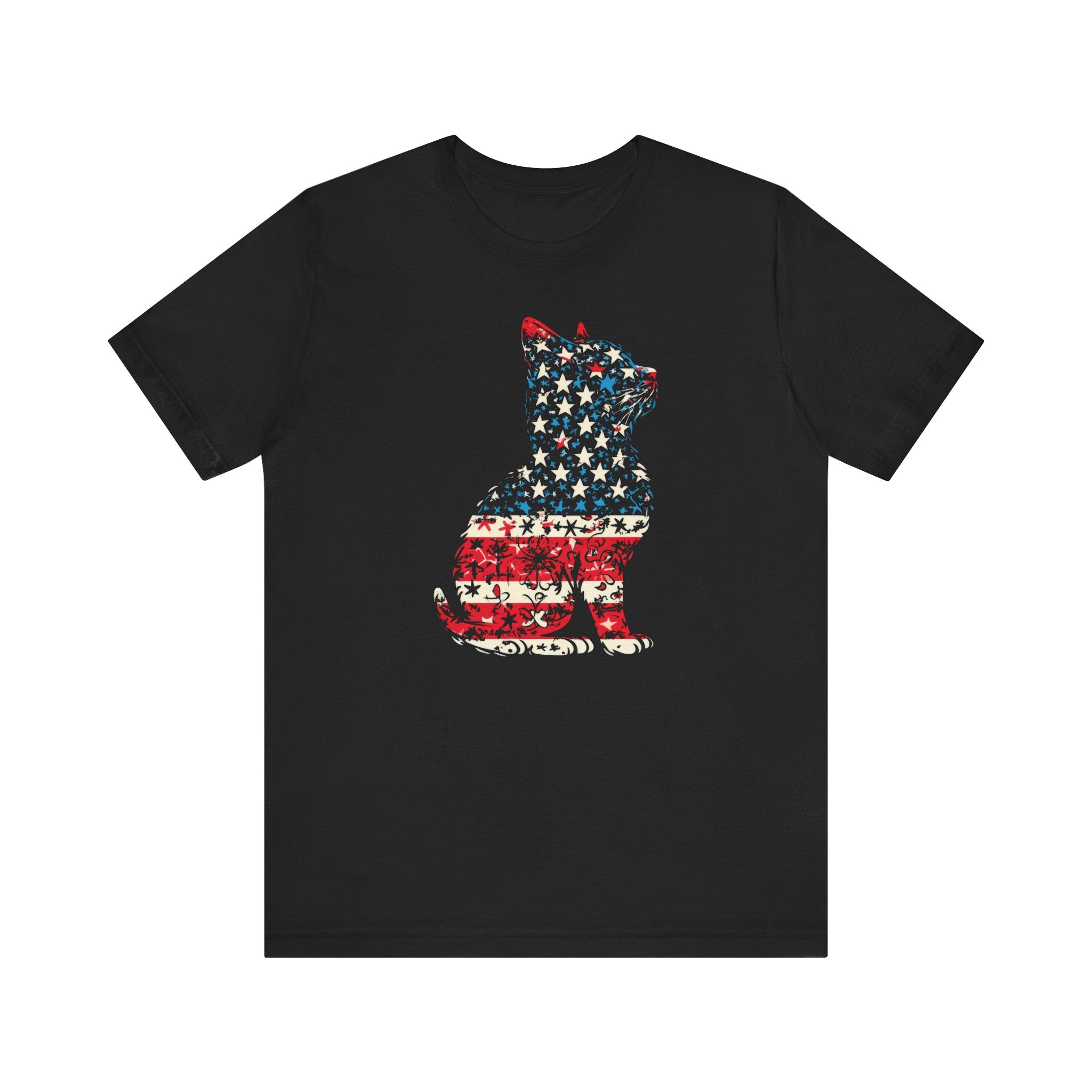 American Flag Cat T-Shirt - Patriotic Floral Design