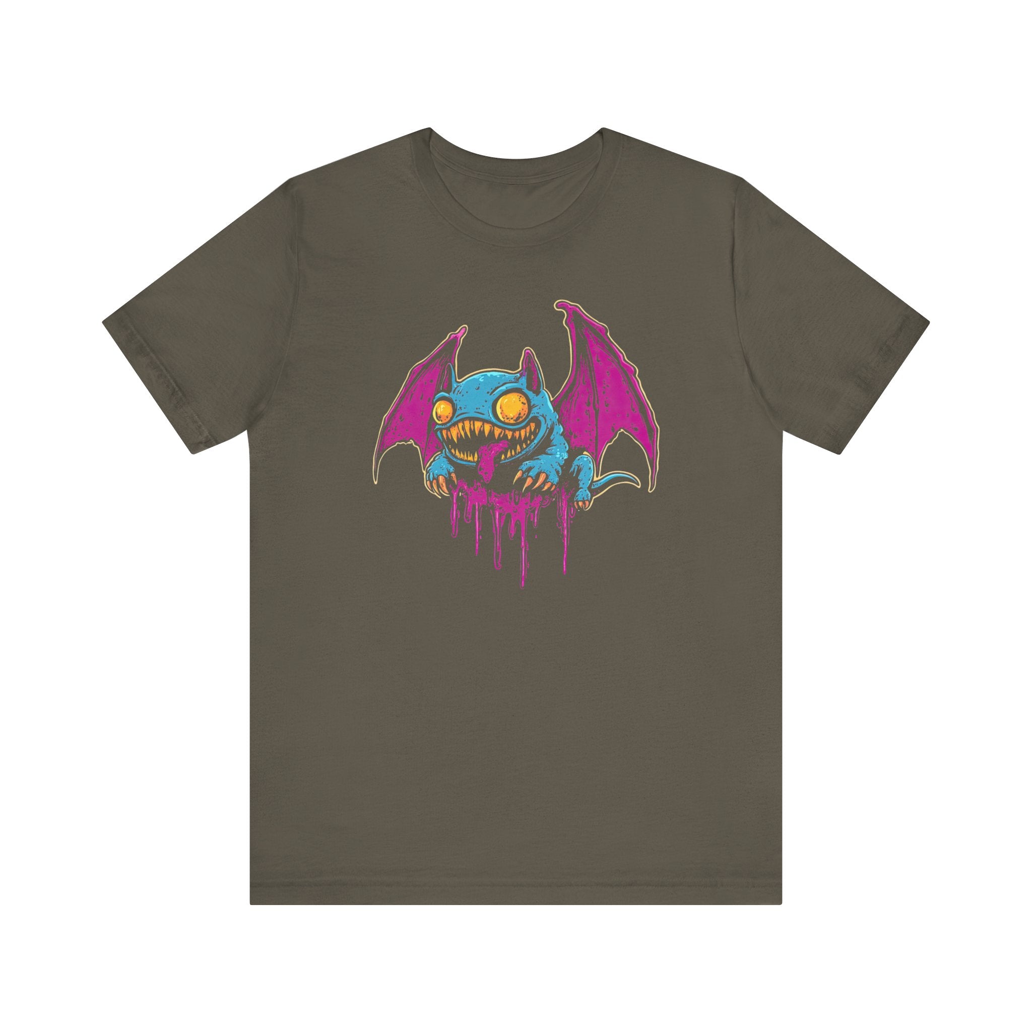 Dripping Neon Bat Creature T-Shirt Vibrant Fantasy Monster Graphic Tee