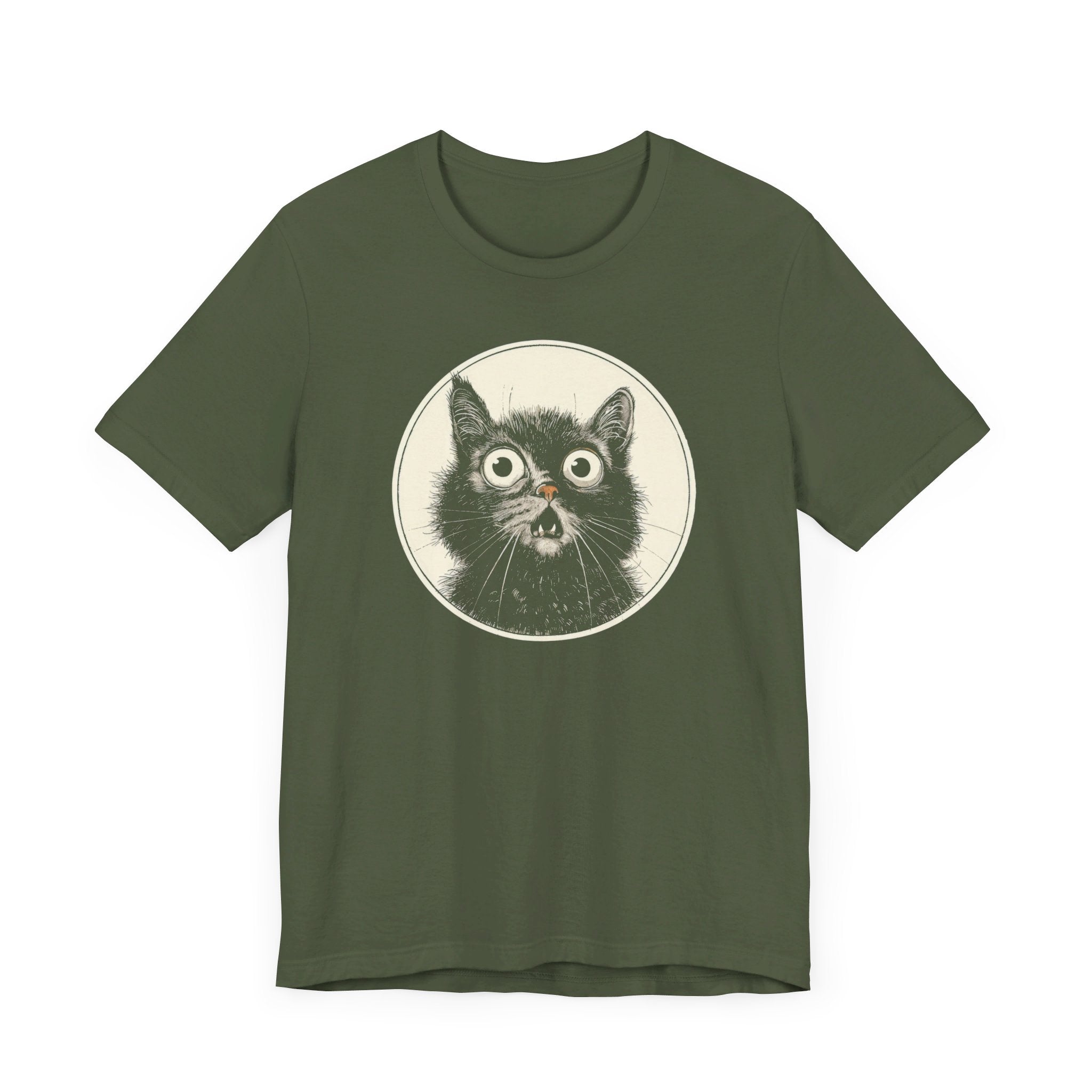 Wide-Eyed Cat Graphic Tee – Vintage Style Cat Lover Shirt