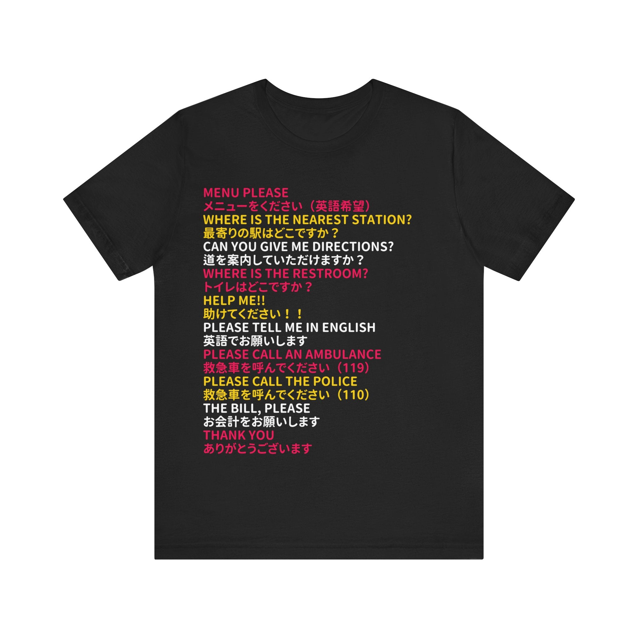 Essential Japanese Phrases T-Shirt for Tourists - Color-Coded English-Japanese Guide - Soft Cotton Unisex Tee