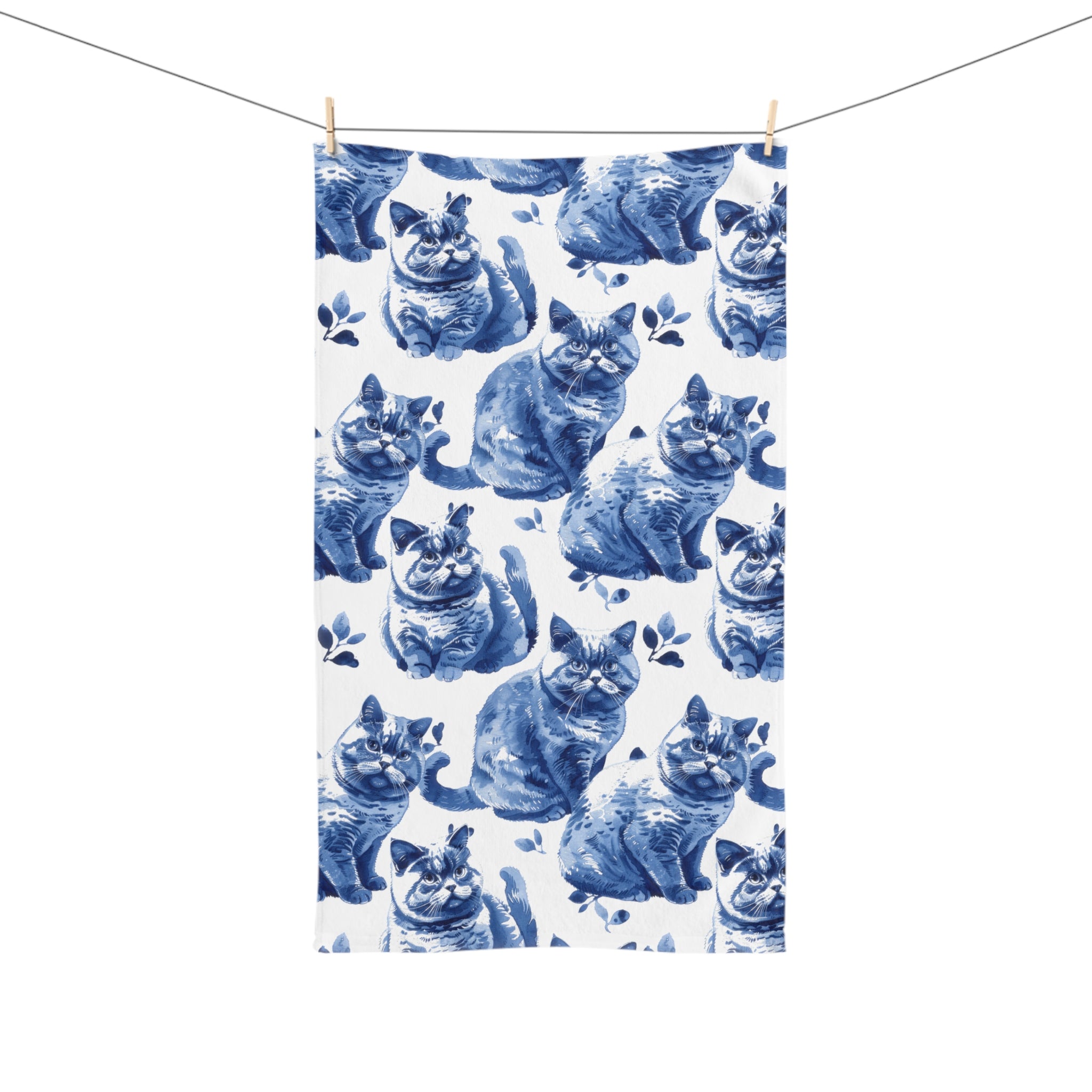 Blue Cat Pattern Hand Towel Adorable Feline Design