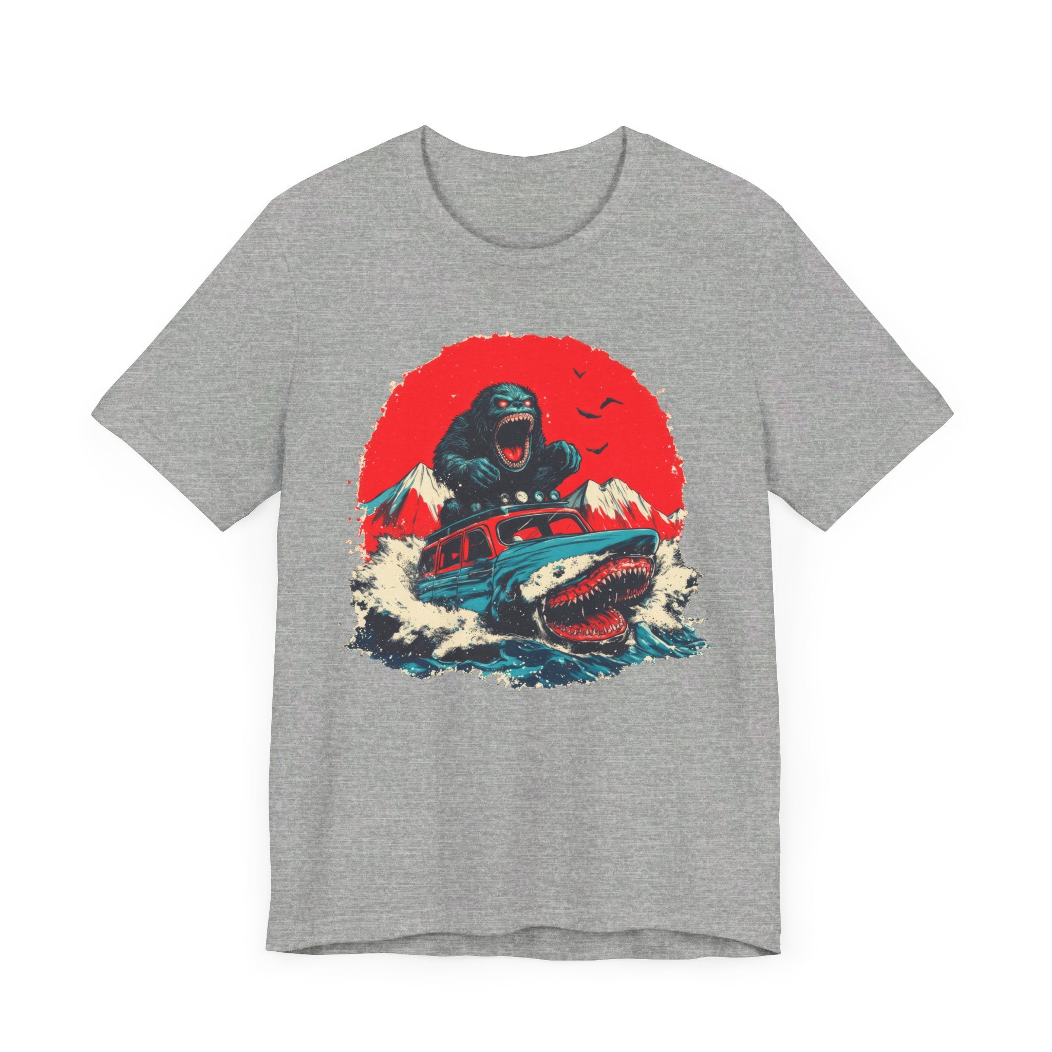 Bigfoot vs. Shark Adventure T-Shirt Fun and Bold Design