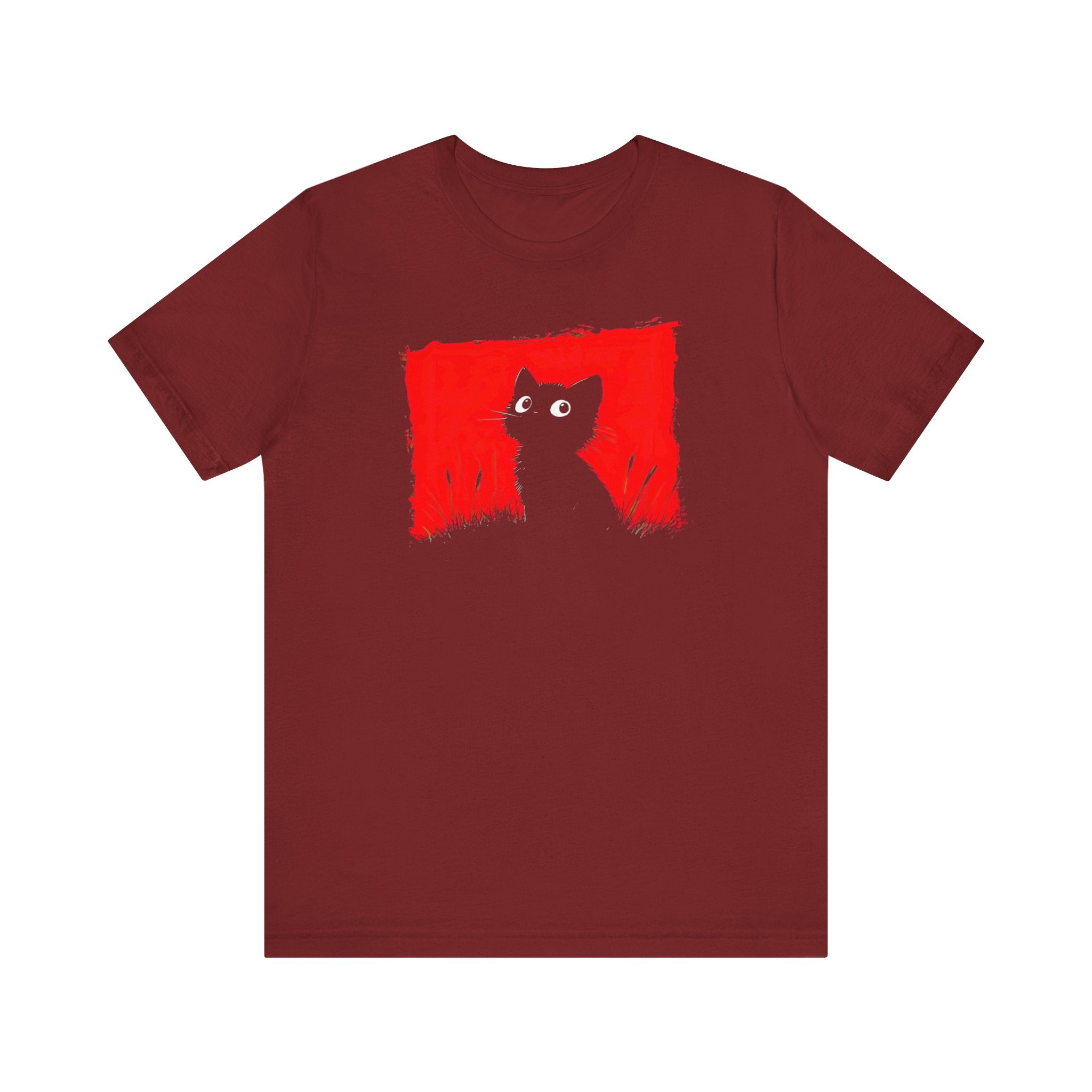 Minimalist Black Cat T-Shirt - Striking Red Background Design