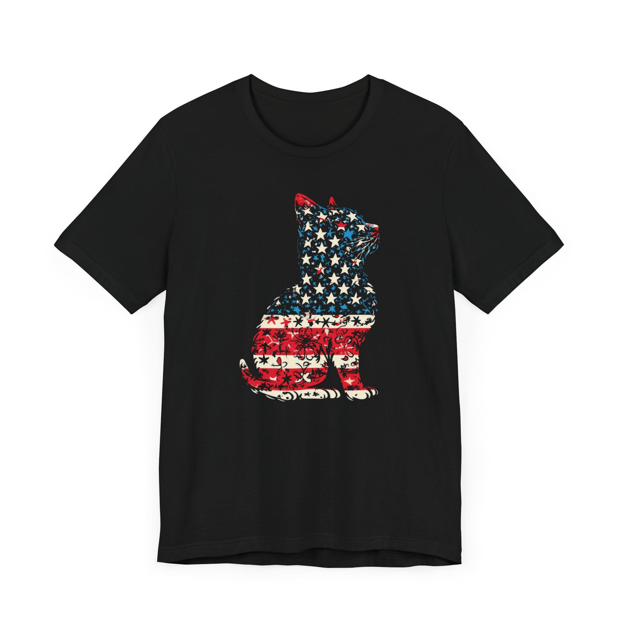 American Flag Cat T-Shirt - Patriotic Floral Design