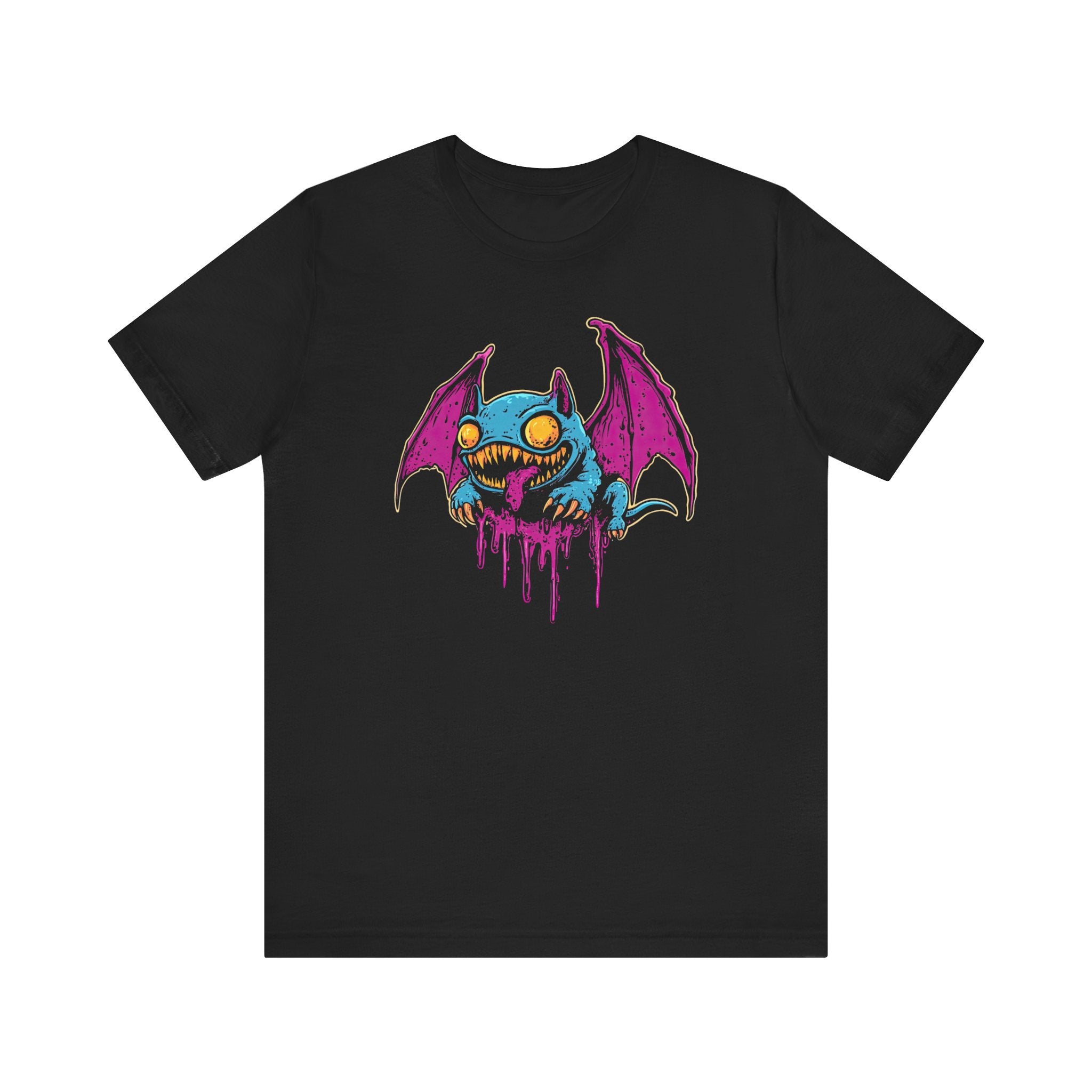 Dripping Neon Bat Creature T-Shirt Vibrant Fantasy Monster Graphic Tee