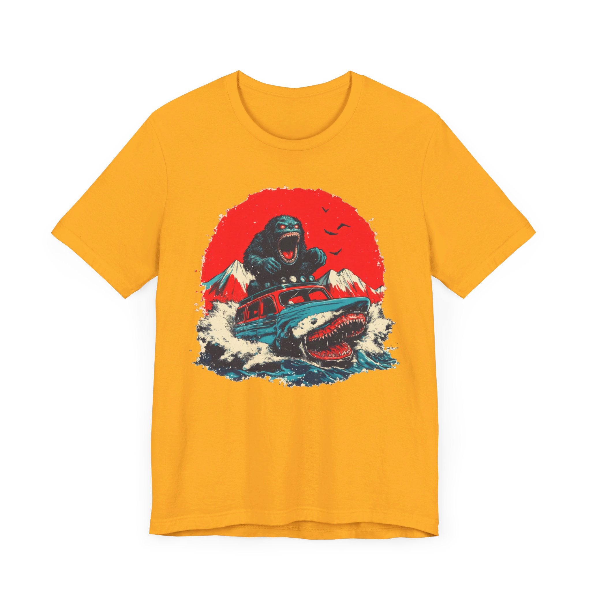 Bigfoot vs. Shark Adventure T-Shirt Fun and Bold Design