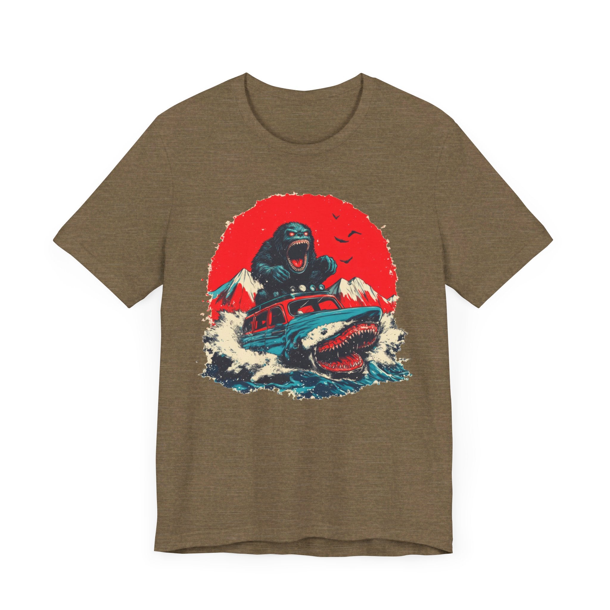 Bigfoot vs. Shark Adventure T-Shirt Fun and Bold Design