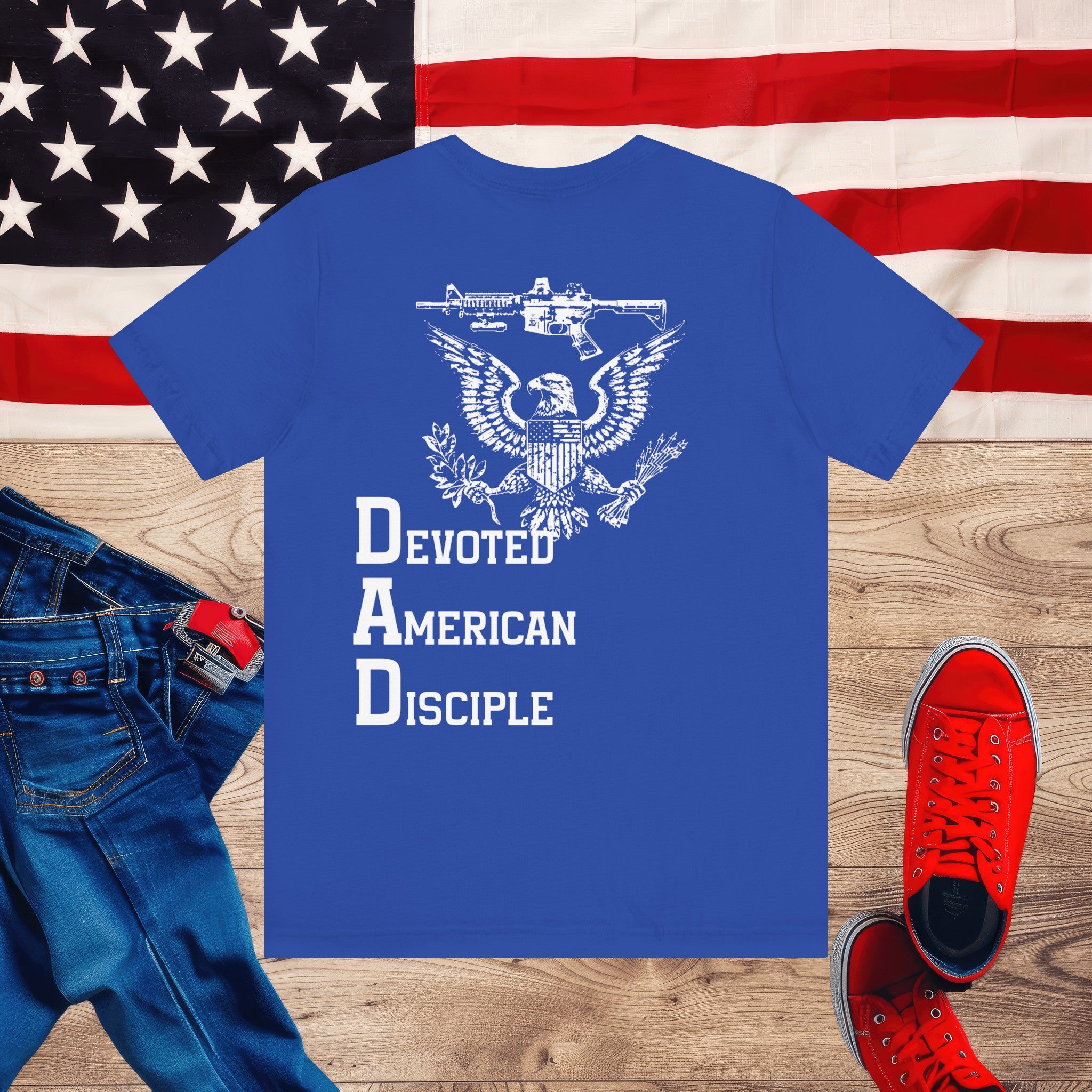 Devoted American Disciple T-Shirt (Back Design), Patriotic Eagle & Rifle Graphic Tee, Bold USA Supporter Shirt, American Pride Military Apparel