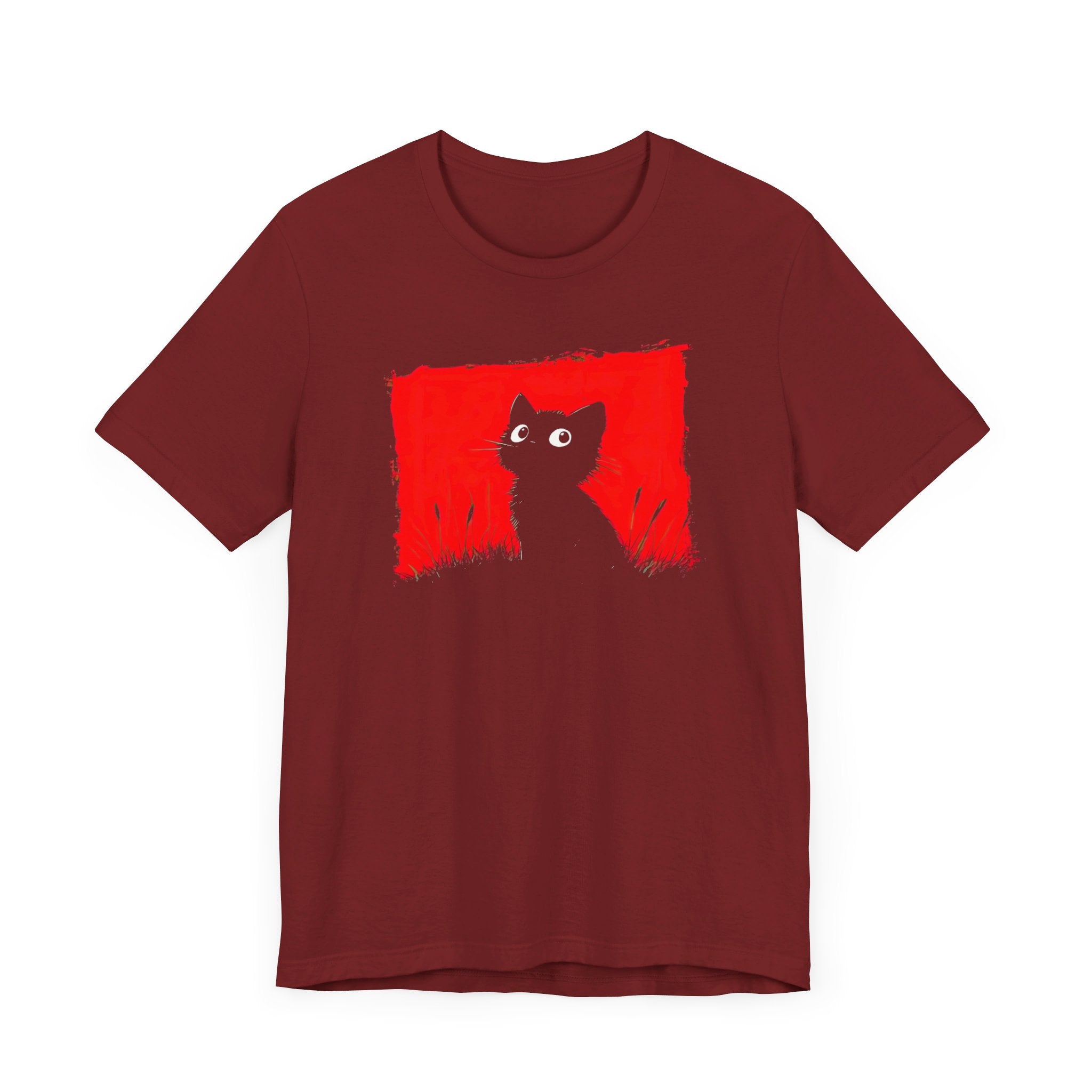 Minimalist Black Cat T-Shirt - Striking Red Background Design