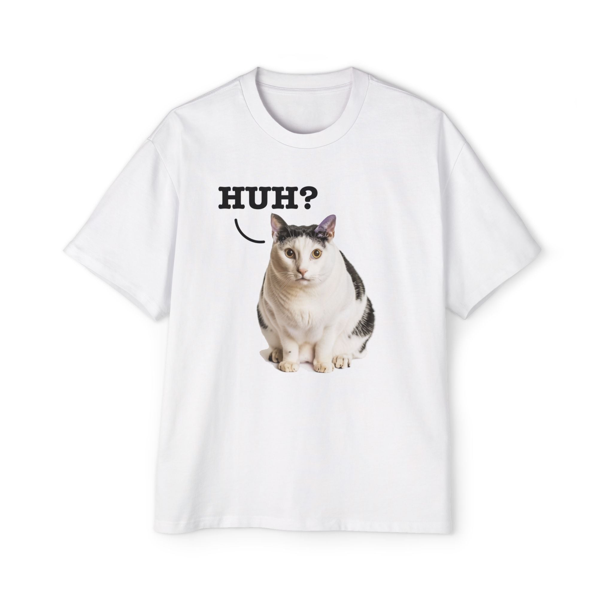 'Huh?' Cat Meme T-Shirt - Funny Cat Expression Tee, Unisex, Perfect Gift for Cat Lovers Heavy Oversized Tee