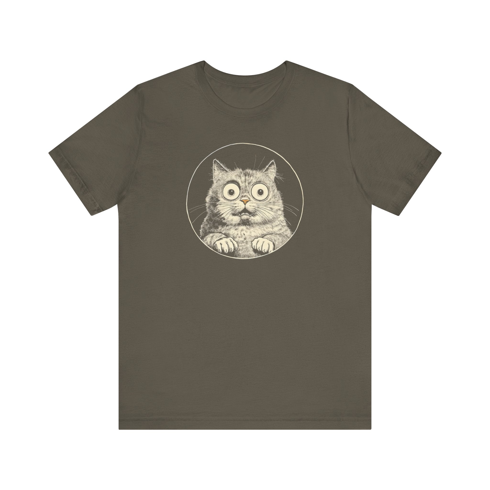 Wide-Eyed Cat Graphic Tee – Vintage Style Cat Lover Shirt